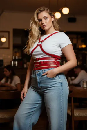 Plus Size Red Women's Belt Shoulder Strap Leather Corset Look - APFT911