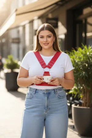 Plus Size Red Women's Belt Leather Corset Style Studded Suspender - APFT936