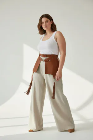 Plus Size Tan Women's Leather Belt, Corset and Tassel Detailed Harness - APFT985