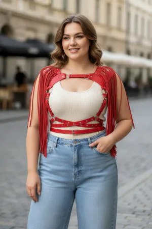 Plus Size Red Women's Belt Tasseled Leather Harness Body Accessory - APFT999