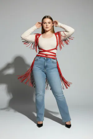 Plus Size Red Women's Belt Tassel Detailed Leather Body Accessory - APFT1005