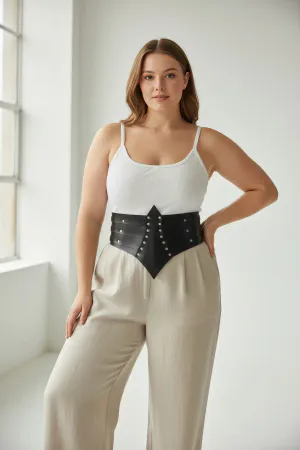 Plus Size Black Women's Belt Stud Detailed Wide Bodice Design - APFT1087