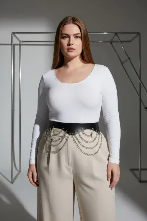 Plus Size Black Women's Wide Leather Belt with Chain Detail - APFT1096