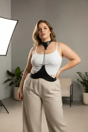 Large Size Black Women's Leather Body Belt with Chain Detail Outfit Accessory - APFT1265