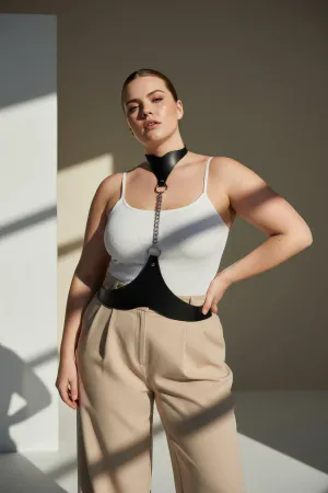 Large Size Black Women's Leather Body Belt with Chain Detail Outfit Accessory - APFT1265