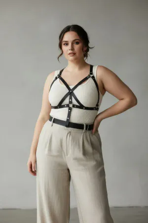 Plus Size Black Women's Belt Harness Detailed Leather Body Accessory - APFT1294