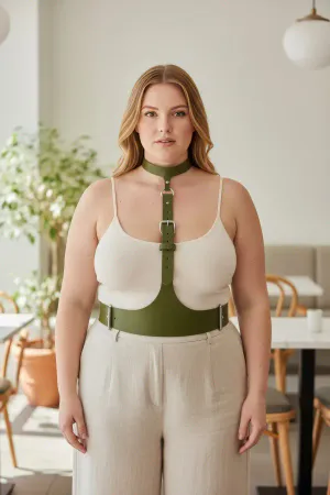 Plus Size Khaki Women's Belt, Corset Look Leather Harness Body Accessory - APFT1297