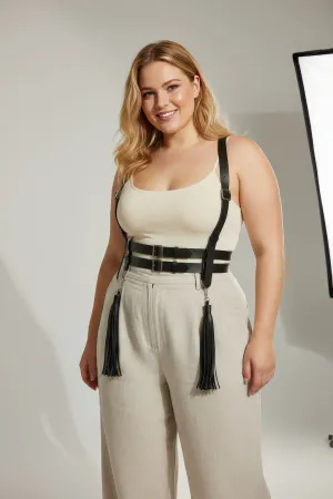 Plus Size Black Women's Belt Suspender Corset Style Leather Body Accessory with Tassel Detail - APFT1393