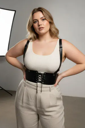 Plus Size Black Women's Leather Belt Shoulder Strap Lace-Up Corset - APFT1429