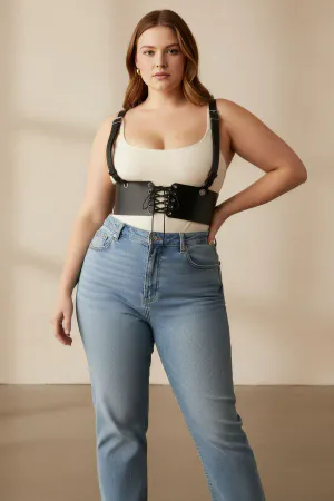 Plus Size Black Women's Leather Belt Shoulder Strap Lace-Up Corset - APFT1429