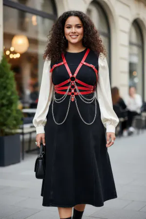 Plus Size Red Women's Belt Leather Harness Chain Detailed Body Accessory - APFT9